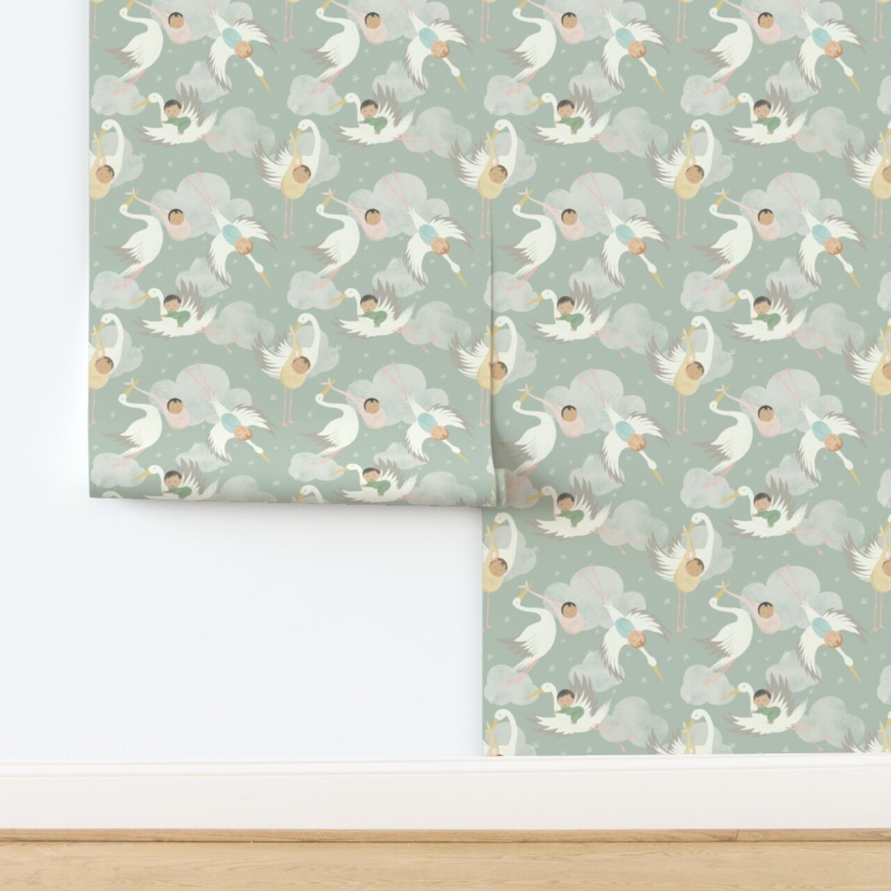 Stork And Baby Sage Green Baby Nursery Pastel Whimsical Cute Toddler Kid Custom Removable Wallpaper by Spoonflower Peel & Stick Wallpaper 2FT Wide